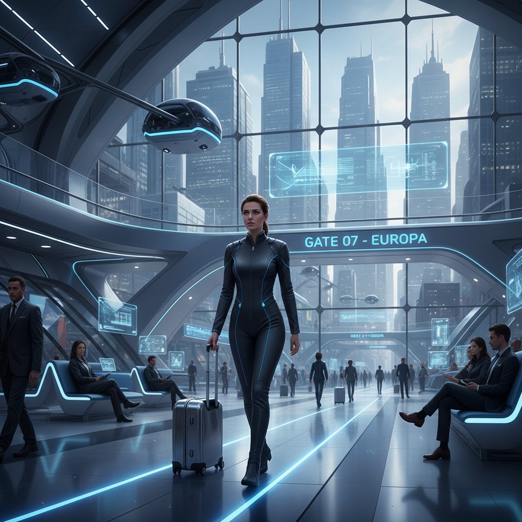 Zdeterminowany pasażer patrzący w przyszłość na tle terminalu lotniczego – symbol nowej ery świadomego podróżnego