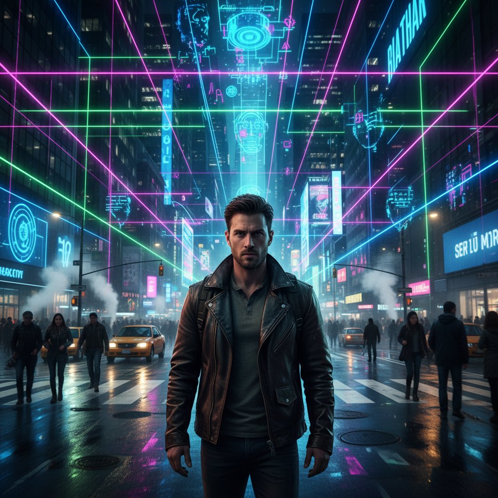 Ambitna osoba na skrzyżowaniu dróg w mieście, wokół neonowe światła i hologramy AI