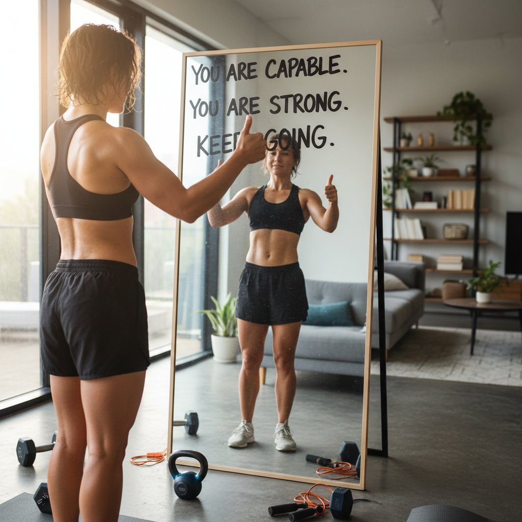 Zdeterminowana osoba patrząca w lustro po treningu domowym – nowa definicja bezpieczeństwa i motywacja