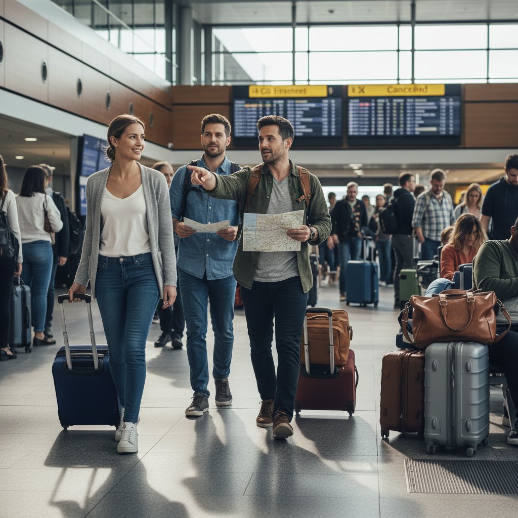 Podróżni z determinacją idą przez terminal, gotowi wyjść z chaosu zwycięsko