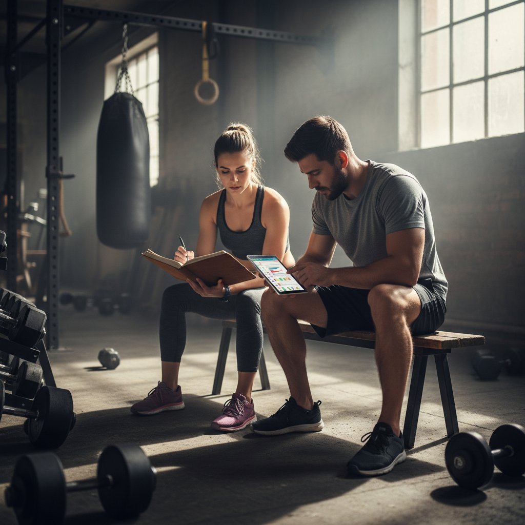 Kobieta i mężczyzna w surowej siłowni analizują wyniki w notesie i aplikacji fitness