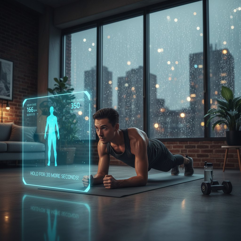 Osoba ćwicząca w mieszkaniu, skupiona przed laptopem z aplikacją fitness, nocą i z miejskim widokiem za oknem