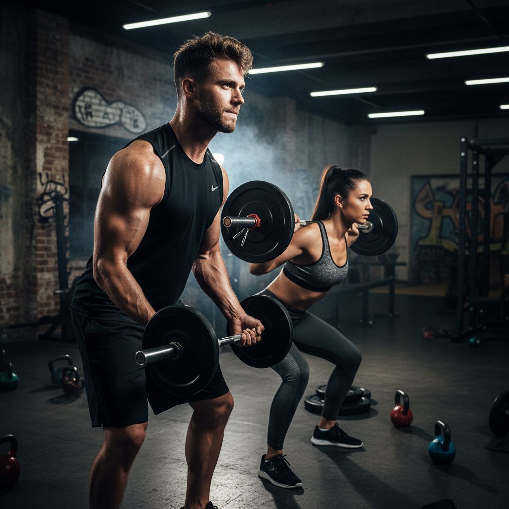 Trening siłowy w surowej miejskiej siłowni, kobieta i mężczyzna zdeterminowani, pot, skupienie, brutalna atmosfera