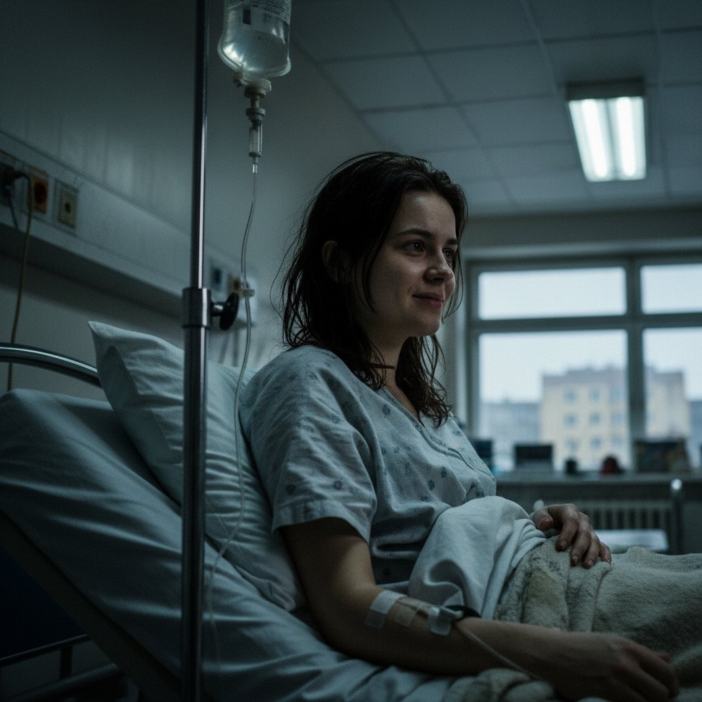 Młoda kobieta na szpitalnym łóżku z kroplówką, wyraz determinacji po kryzysie hipokalcemii