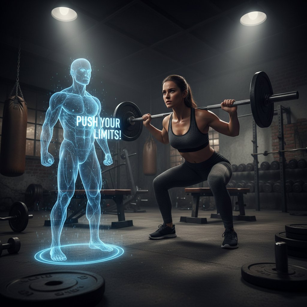Konfrontacja: młoda kobieta i hologram AI trenerki w autentycznej siłowni, surowe światło, klimat rywalizacji