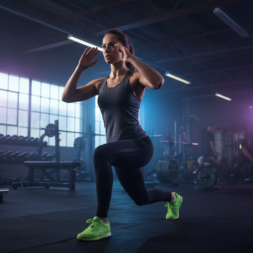 Kobieta w sportowym stroju wykonuje dynamiczną rozgrzewkę w miejskiej siłowni, skupiona i pełna energii
