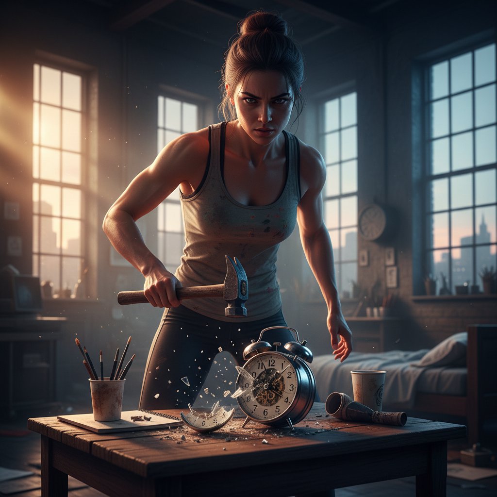 Kobieta zdeterminowana niszcząca stary budzik w mieszkaniu o świcie, symbolizująca przełamywanie złych nawyków