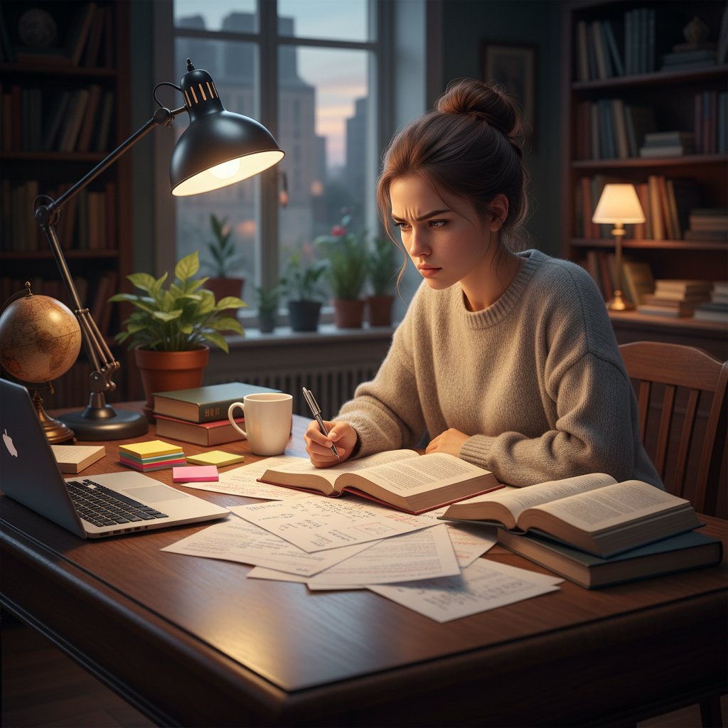 Zdeterminowana młoda kobieta przy biurku, skupiona na nauce i notatkach, symbolizuje sukces dzięki skutecznej zmianie strategii uczenia się