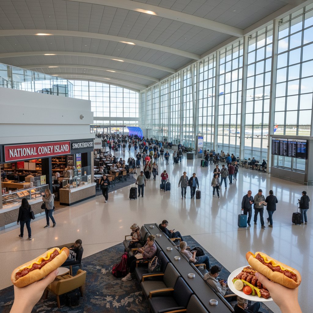 Travelers enjoying Detroit airport amenities, local food stands, and spacious waiting areas highlighting Detroit flight experience