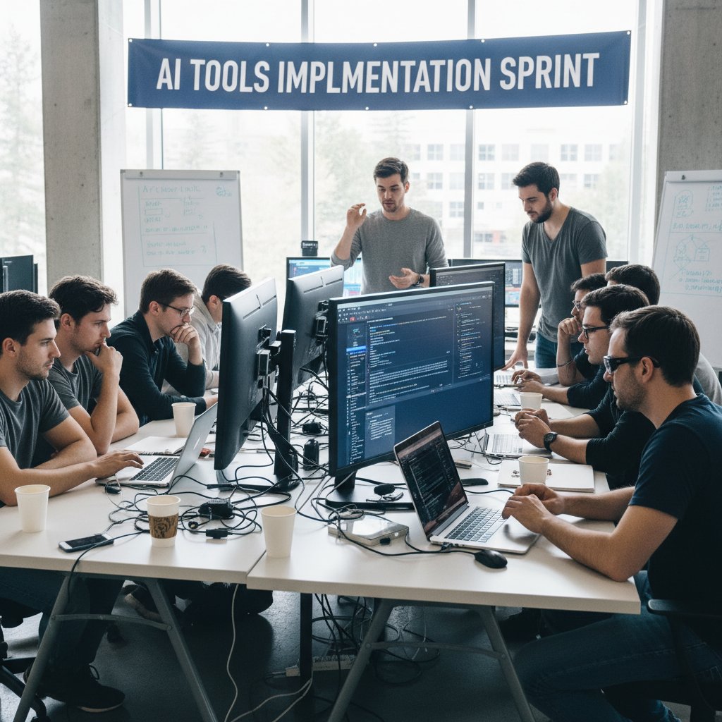 Zespół programistów podczas spotkania wdrożeniowego, ekrany z AI narzędziami, intensywna praca