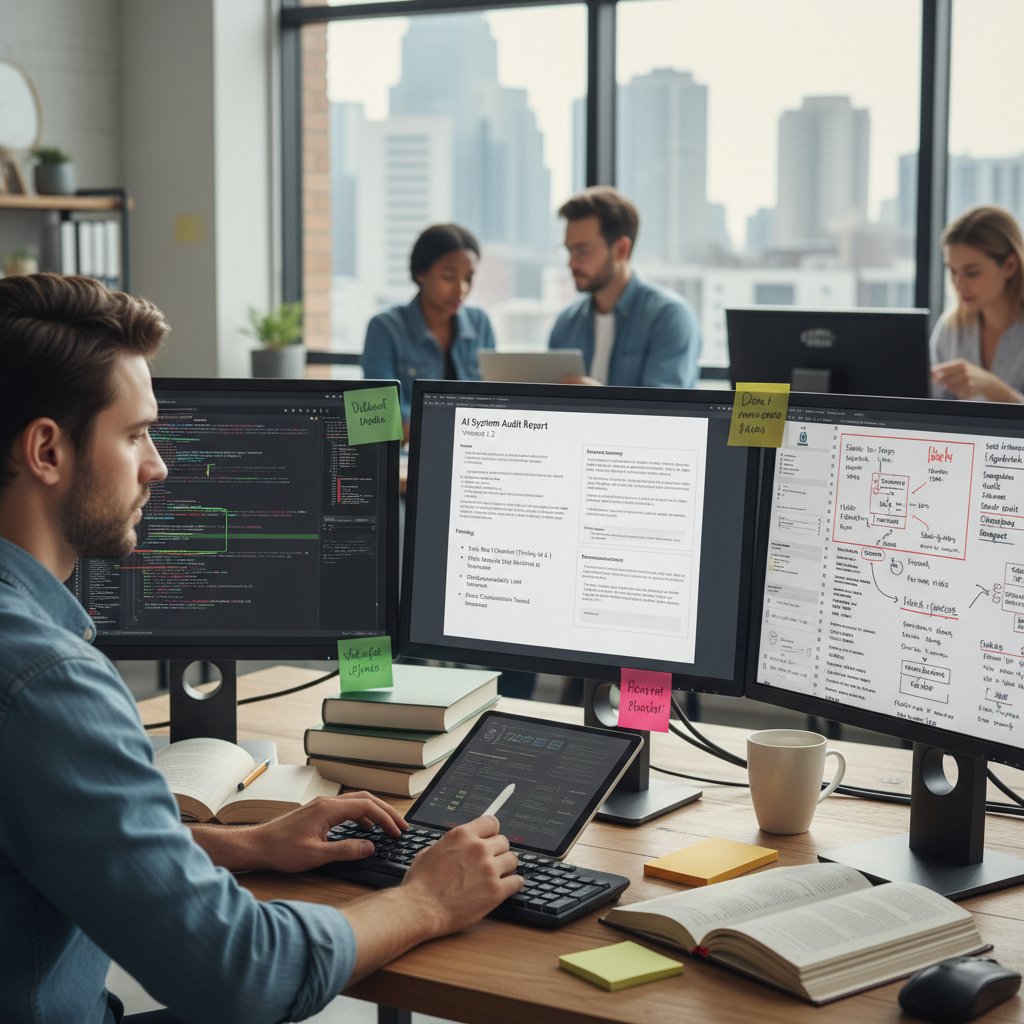 Programista podczas wdrażania procedury audytu AI, otoczony dokumentacją i notatkami