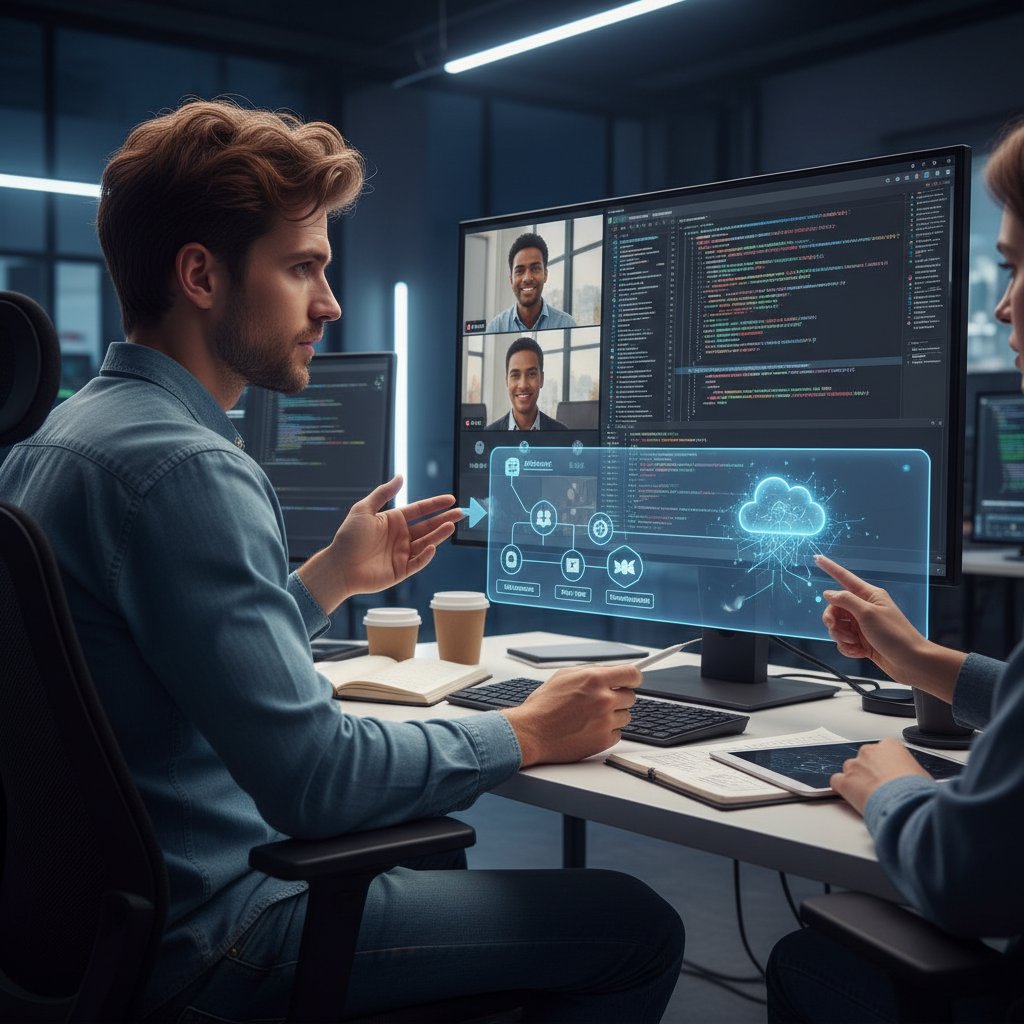 Programista analizujący kod platformy do zarządzania spotkaniami na monitorze, z widocznym panelem integracji