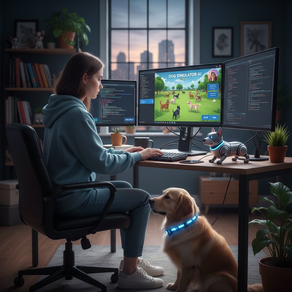 Programista pracujący nad kodem symulatora psa do adopcji ze zdjęciem cyfrowego pupila na ekranie