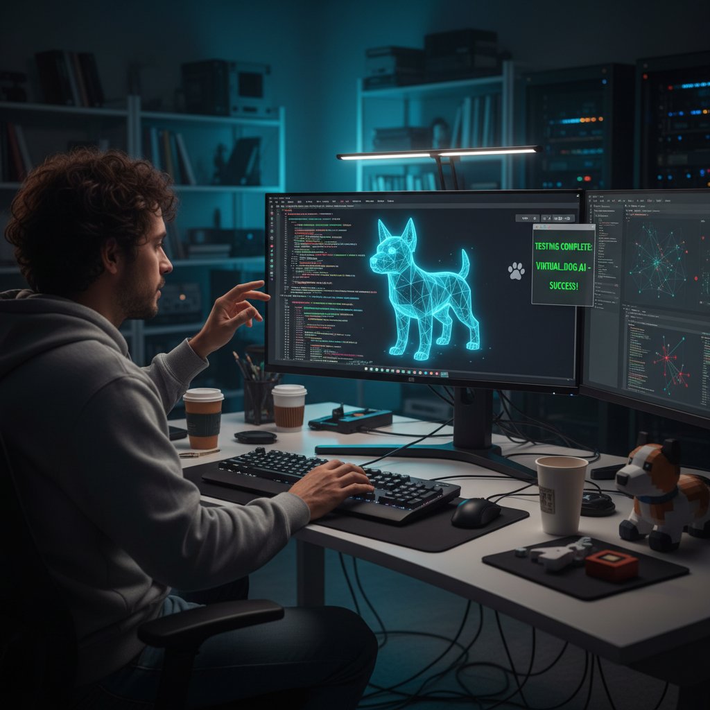 Programista pracujący przy komputerze i testujący animację wirtualnego psa