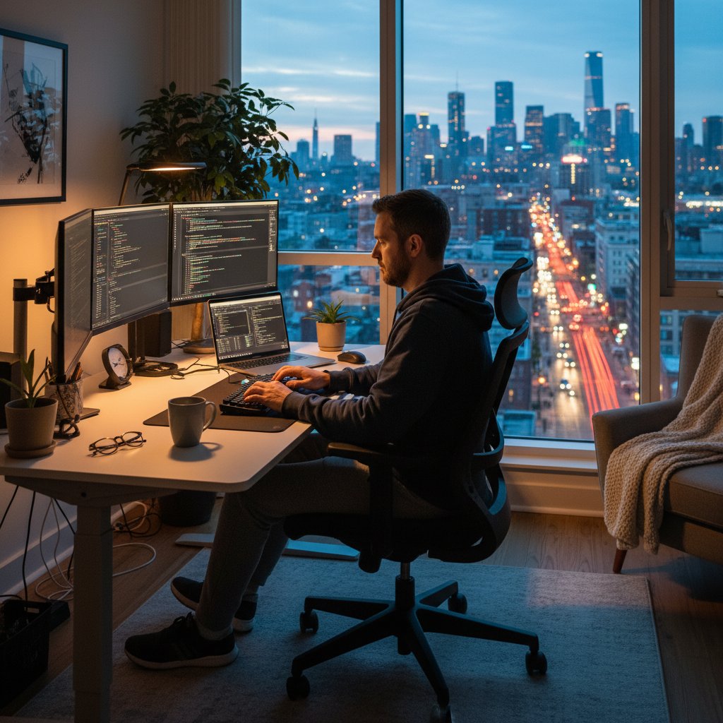 Programista pracujący z domu, widok na miasto – praca zdalna mobile developer w Polsce