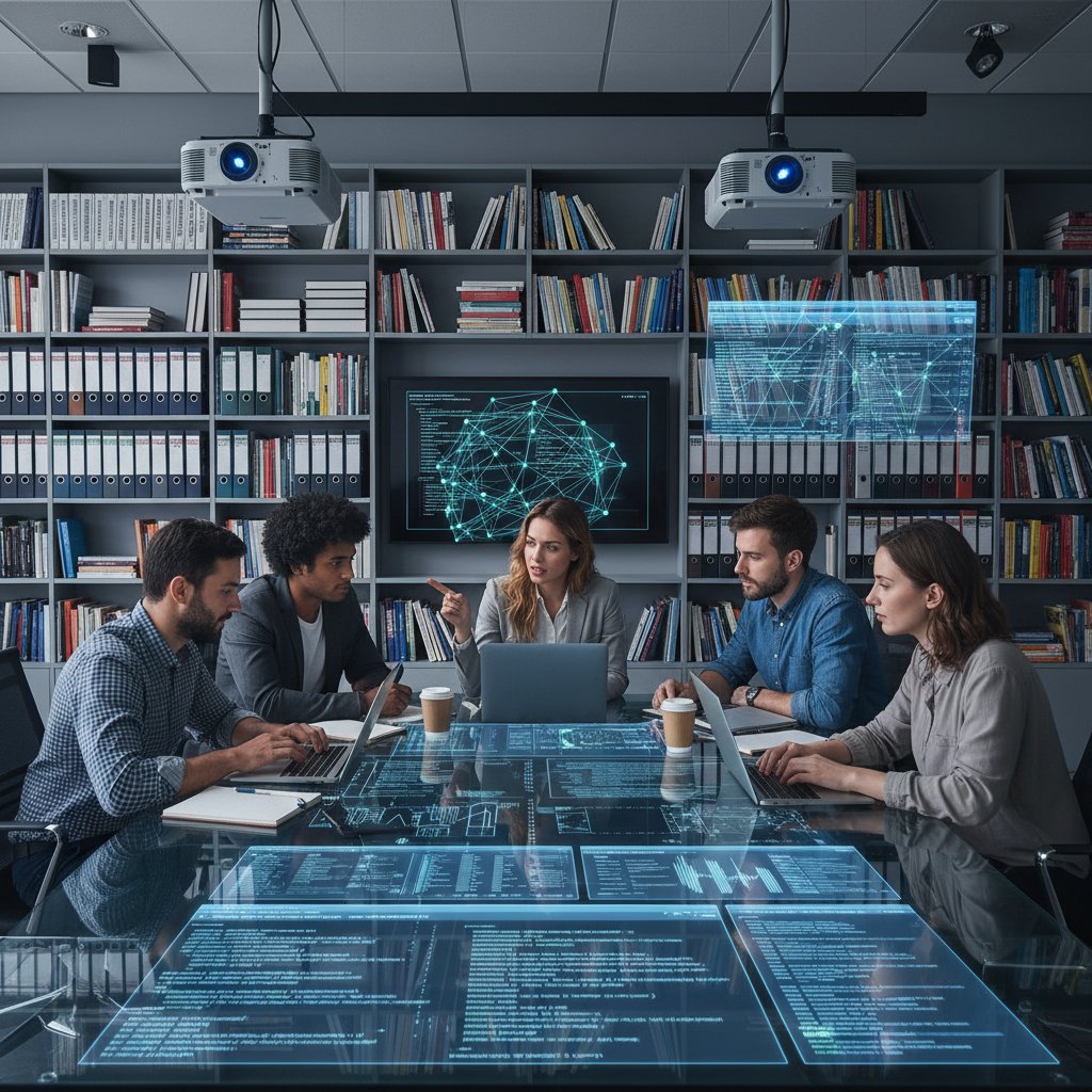 Photo of a developer team training an AI transcription model on academic datasets, code projections in background