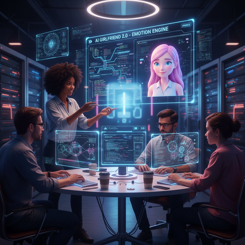 Technische Illustration: Entwicklerteam arbeitet an Algorithmen für emotionale KI-Freundinnen