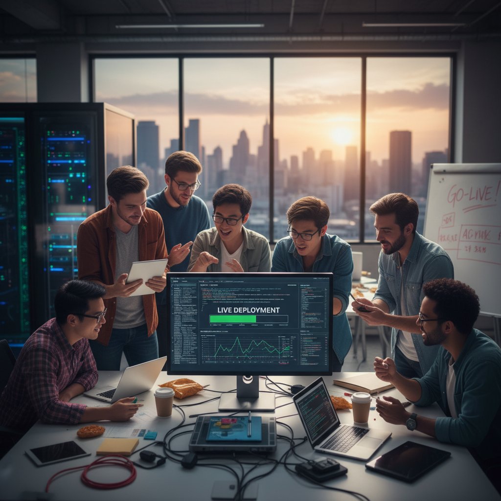 Developer team monitoring live deployment for rapid product validation