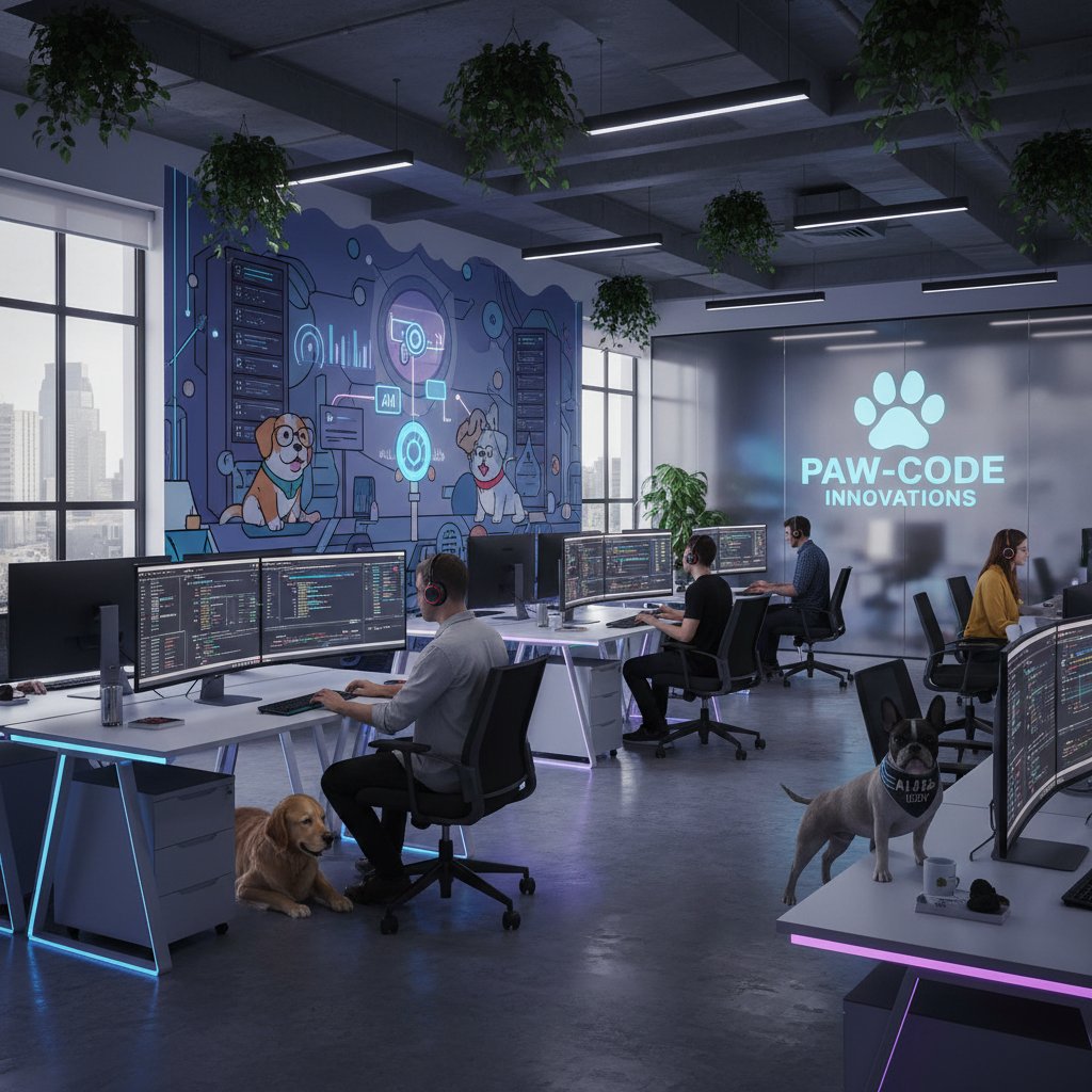 Zespół developerów pracujących nad AI, nowoczesne biuro, ekrany z kodem i grafikami psów
