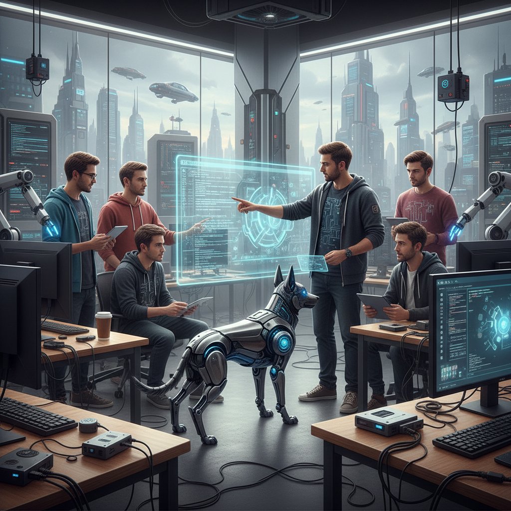 Grupa programistów pracujących nad nową wersją AI pieska w nowoczesnym biurze