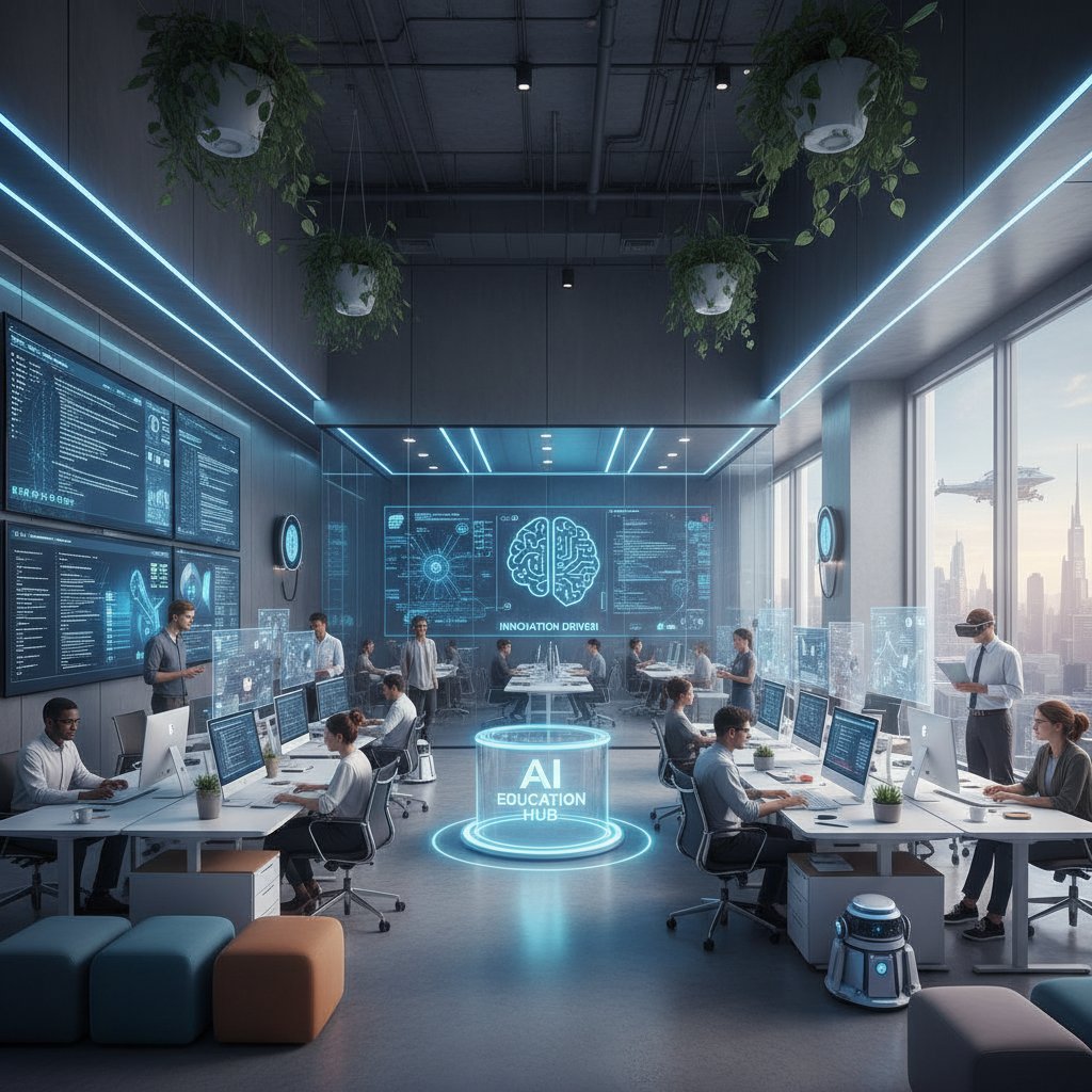 Zespół programistów pracujących nad AI do edukacji w nowoczesnym biurze, atmosfera innowacji