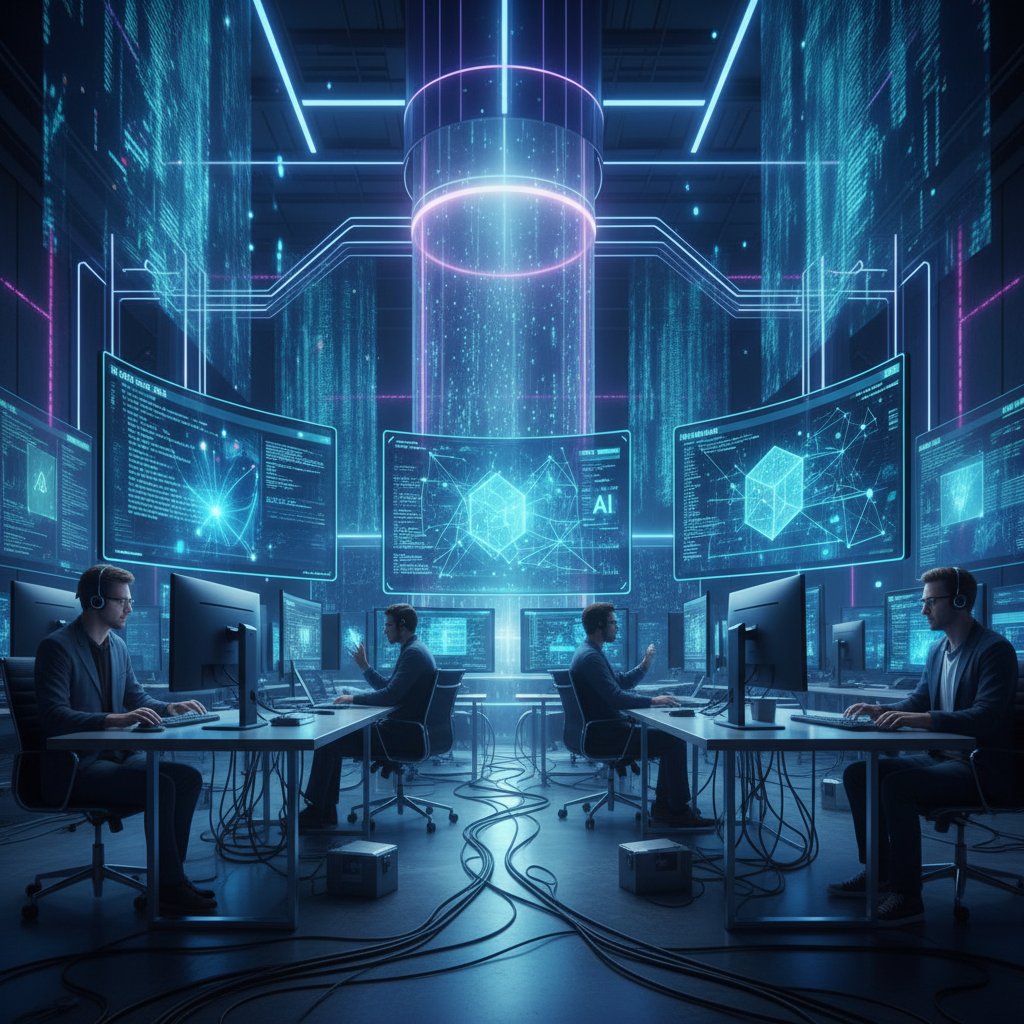 Symbolfoto: Jungen Programmierer:innen-Team vor Bildschirmen mit Datenströmen, KI-Visualisierung im Hintergrund – Technologie hinter Online Wahrsagern