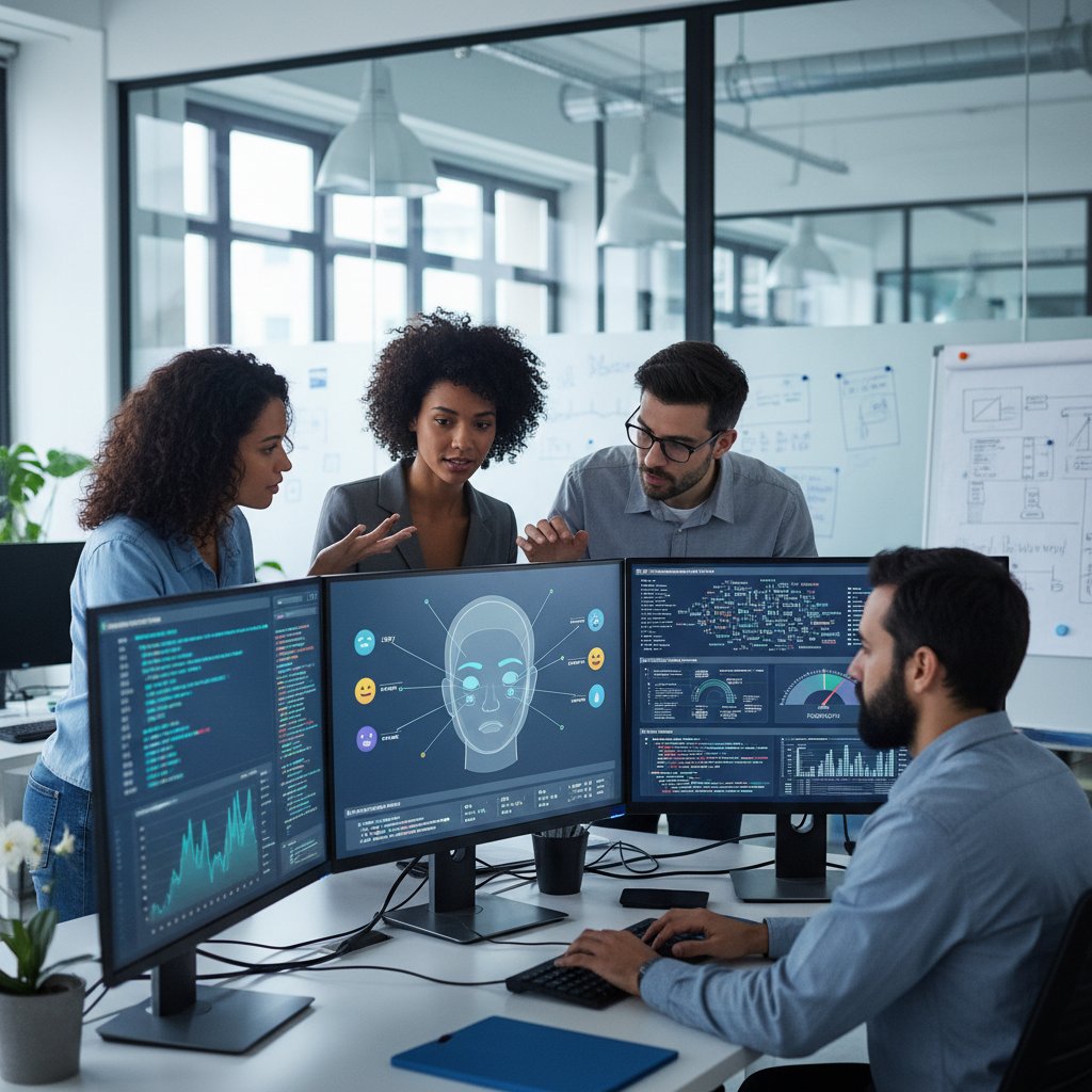 Zespół programistów analizujących dane treningowe dla AI rozpoznającej emocje