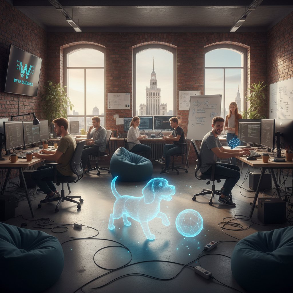Zespół młodych programistów pracujących nad aplikacją pieska AI, biuro w Warszawie