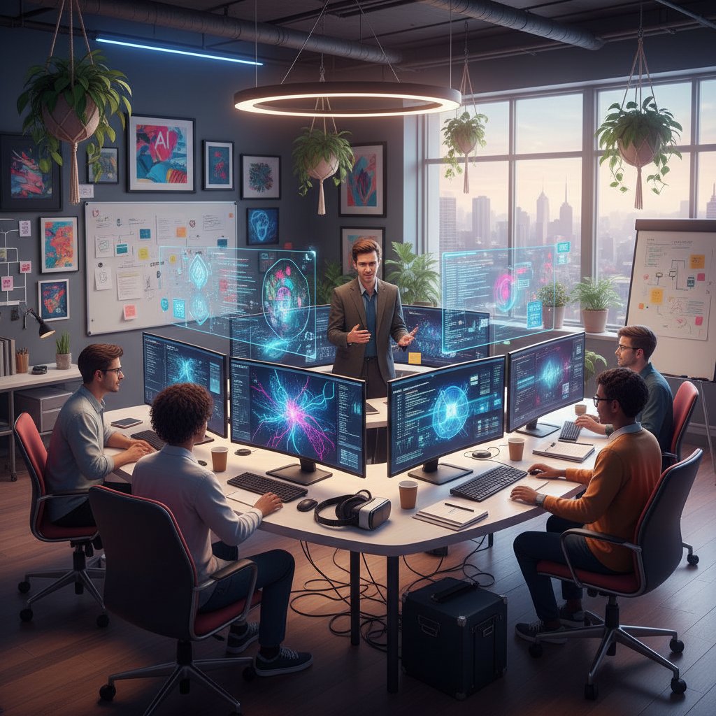 Entwicklerinnen und Entwickler im Gespräch vor Monitoren, KI-Grafiken auf Bildschirmen, kreative Arbeitsatmosphäre