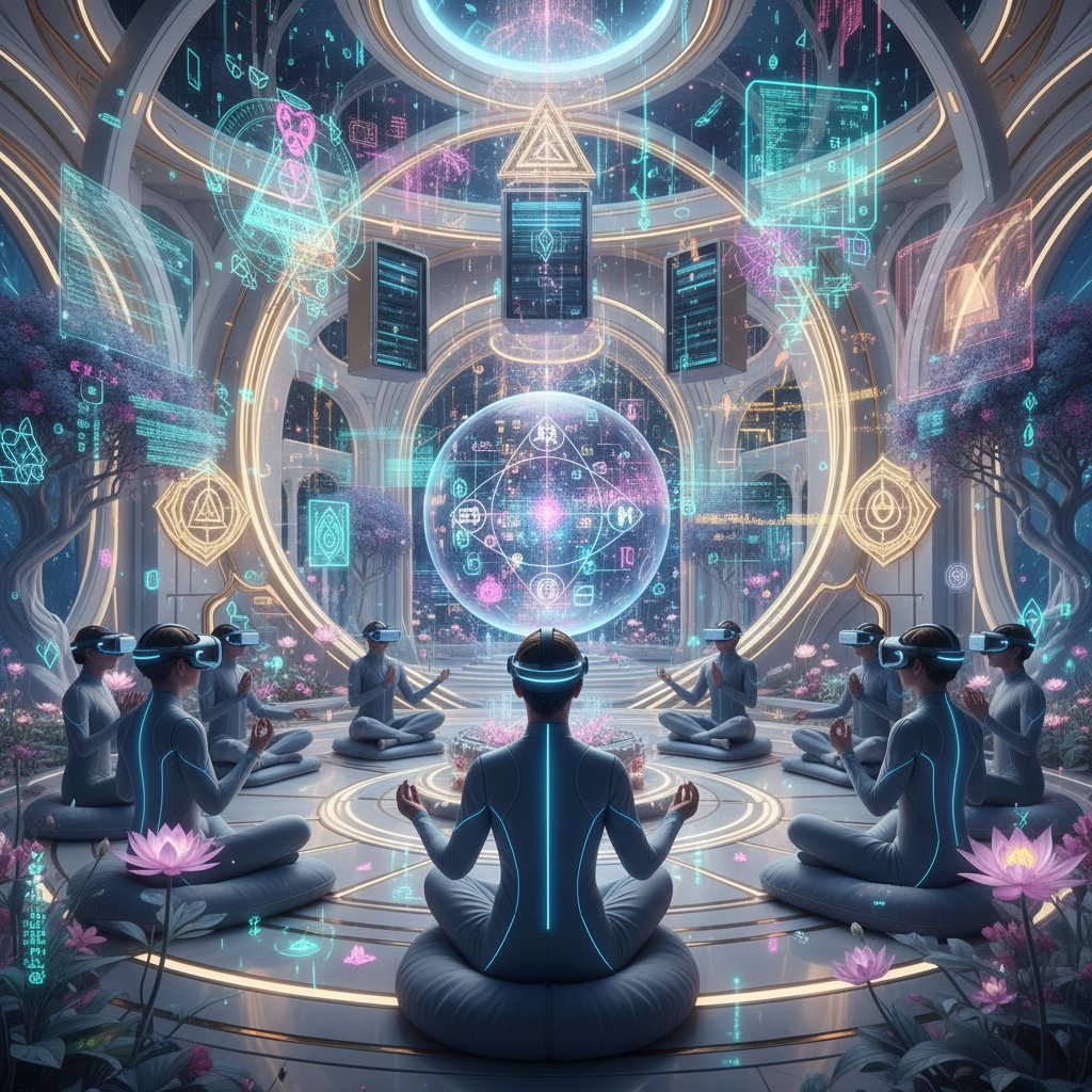 Entwickler:innen testen VR-Brillen mit spirituellen Settings, digitale Symbole projiziert, symbolisiert Zukunft der Spiritualität