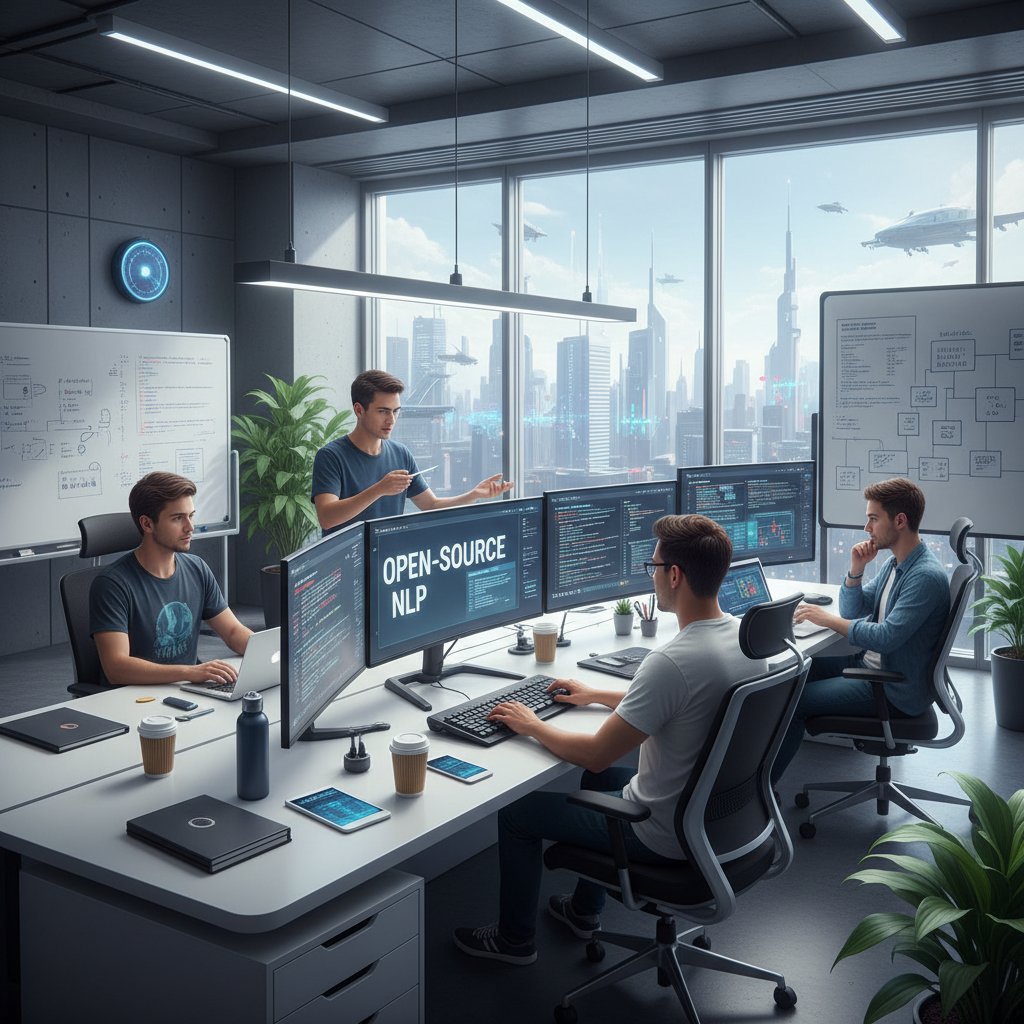 Developers collaborating on open-source NLP software in a modern workspace, highlighting open-source text analytics market trends