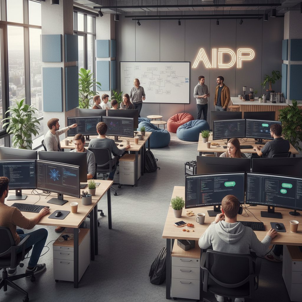 Zespół programistów pracujący nad AI do dialogów – nowoczesne biuro, ekrany z kodem