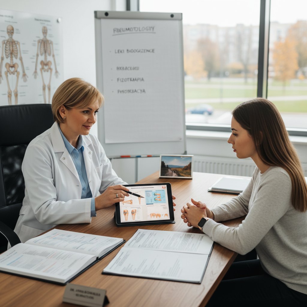 Diagnoza twardziny w gabinecie reumatologicznym, kobieta w wieku 30 lat słucha lekarza