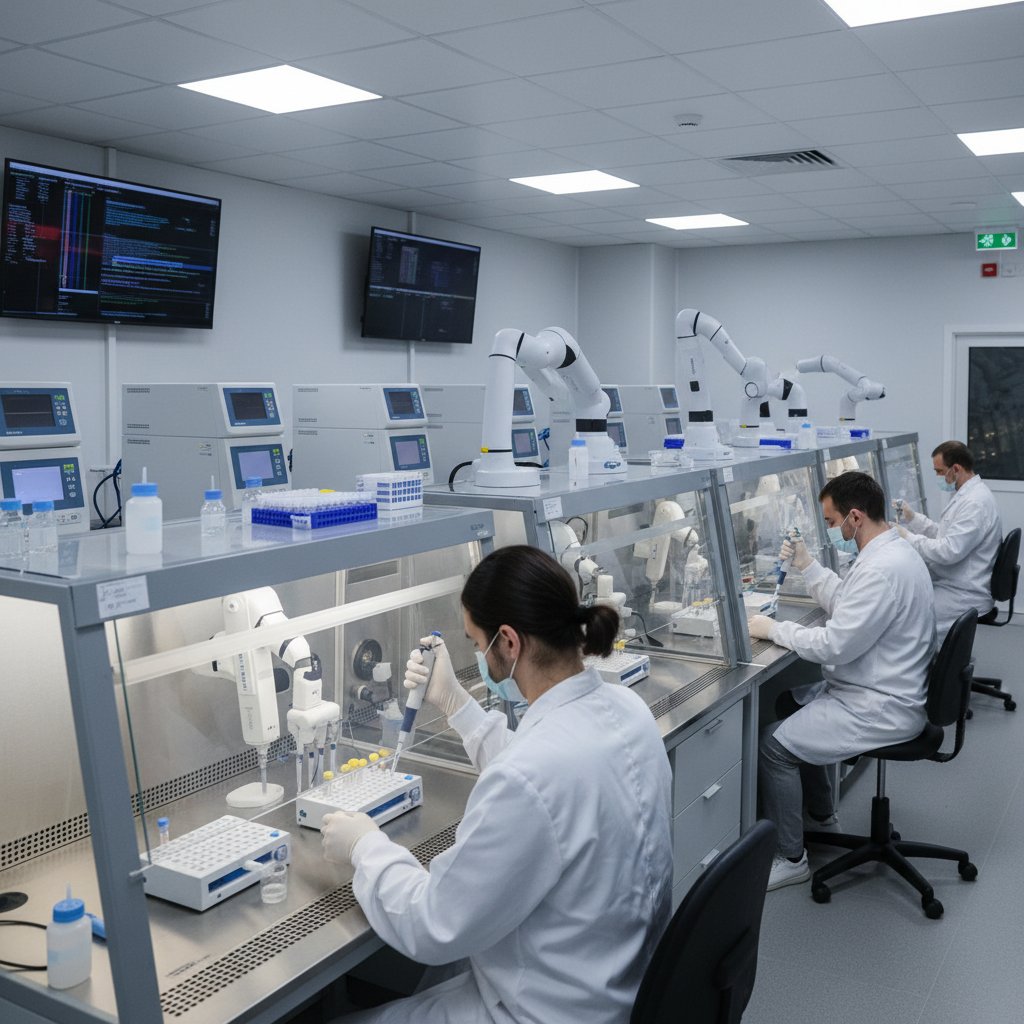 Zdjęcie laboratorium diagnostycznego, próbki do testów PCR i automatyczna analiza