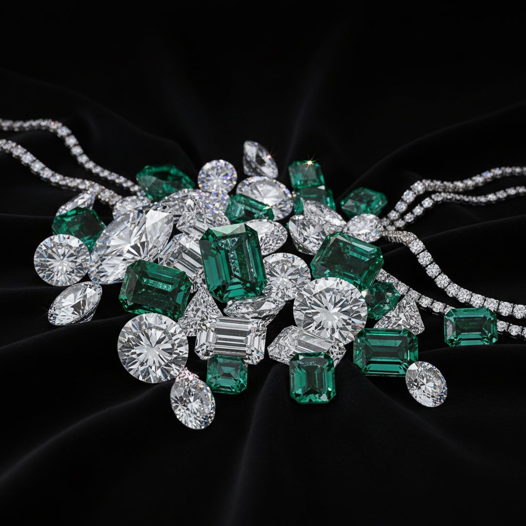 Starannie ułożone diamenty i szmaragdy na ciemnym tle, symbolizujące luksus i kamienie szlachetne
