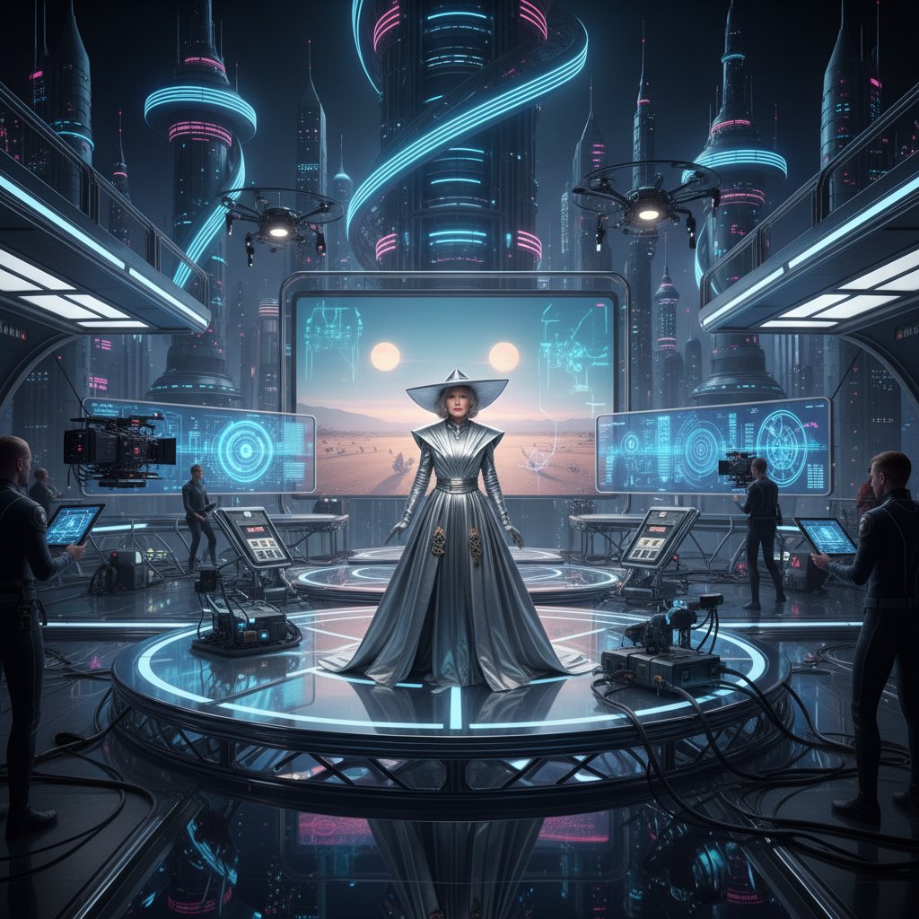 Diane Keaton on a futuristic film set, looking toward the future of cinema