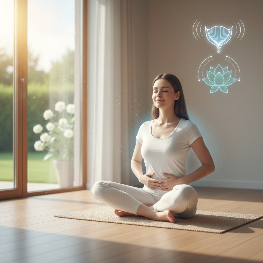 Kobieta skupiona na oddychaniu przeponowym, ilustracja procesu terapeutycznego