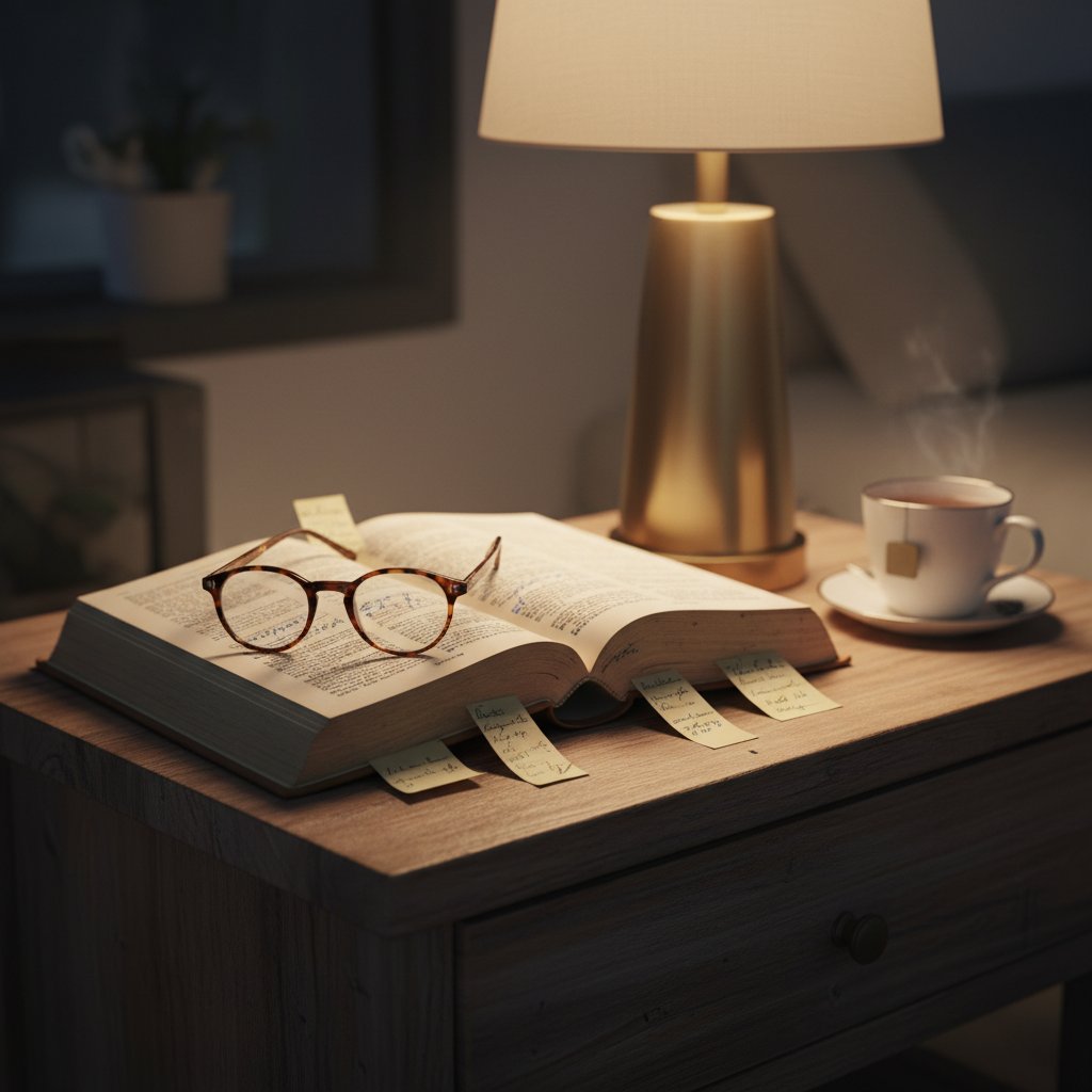 Słownik pojęć – notatki, książka, okulary na nocnym stoliku, lampka nocna