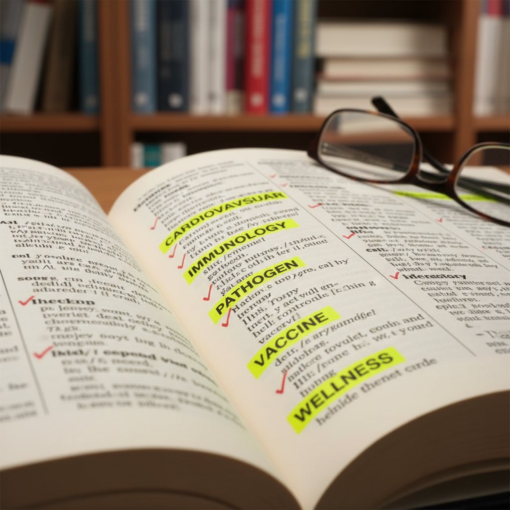 Strona słownika z zaznaczonymi terminami zdrowotnymi, definicje, słownik medyczny, ocena objawów online