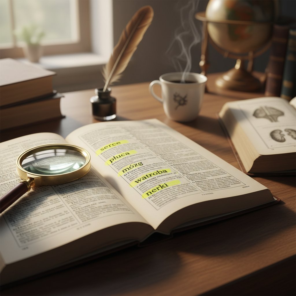 Strona słownika z wyróżnionymi polskimi terminami medycznymi, akademickie biurko, miękkie światło