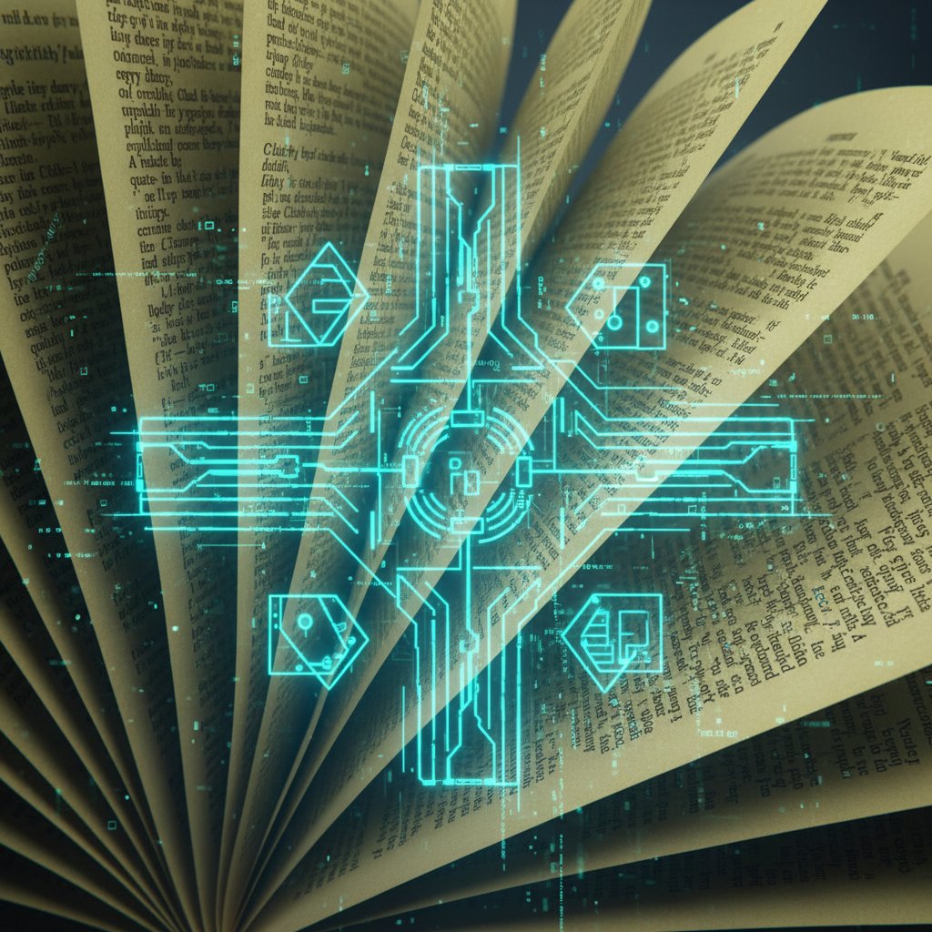 Strony słownika nałożone na kod komputerowy, symbolizujące złożoność i ewolucję pojęć w filozofii technologii i AI