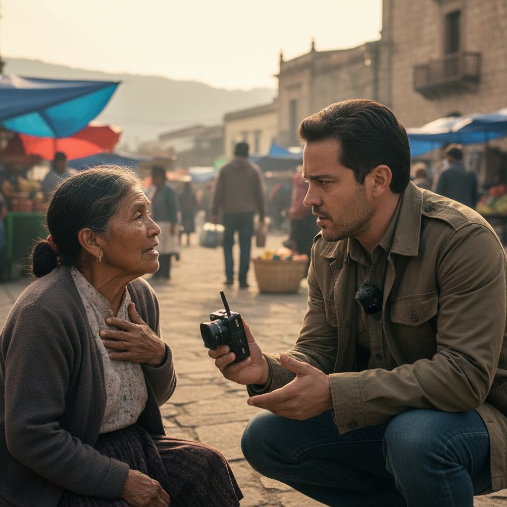 Diego Luna directing documentary segment, intense conversation, real-life subjects