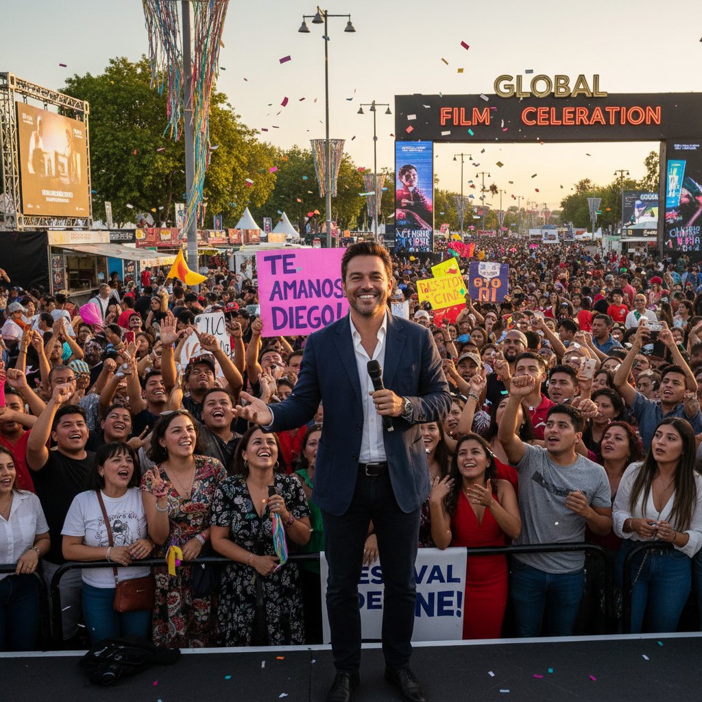 Diego Luna embracing fans at international film festival, diverse crowd, celebration