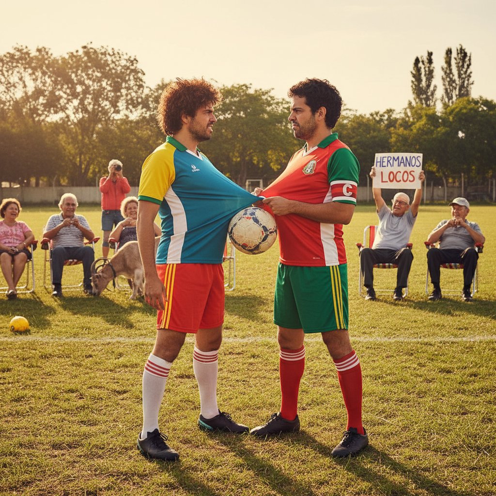 Diego Luna and Gael García Bernal as rival brothers, soccer pitch, comedic moment