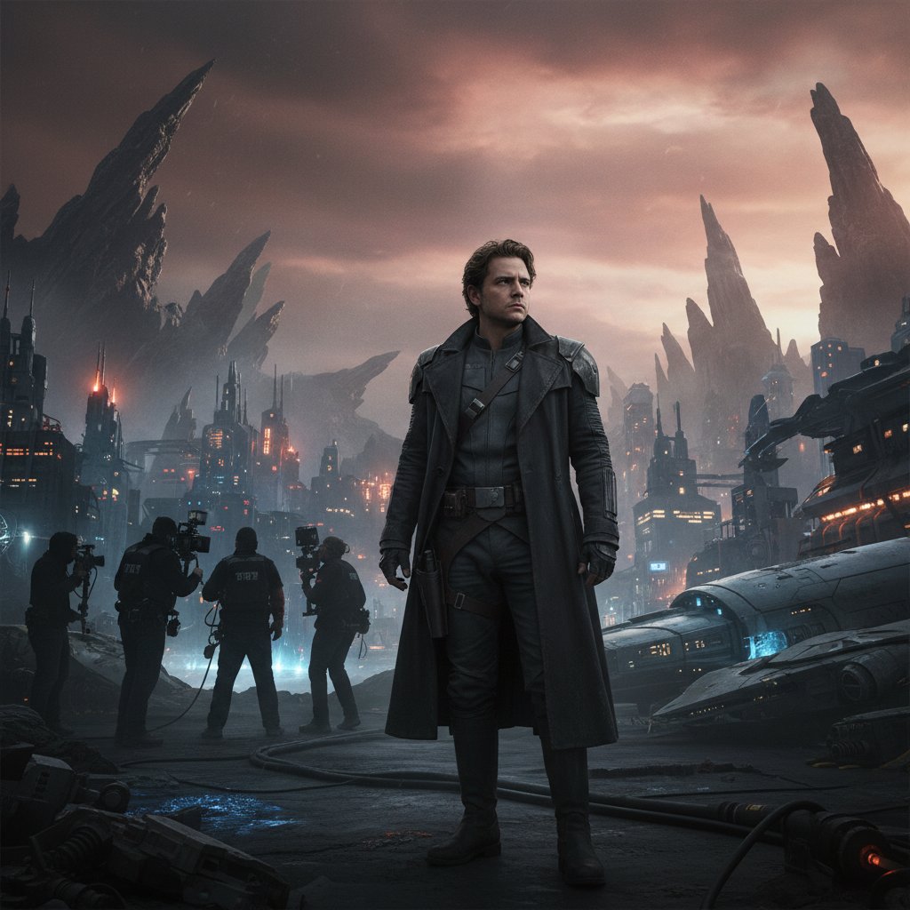 Diego Luna in Star Wars Rogue One costume, futuristic sci-fi film set