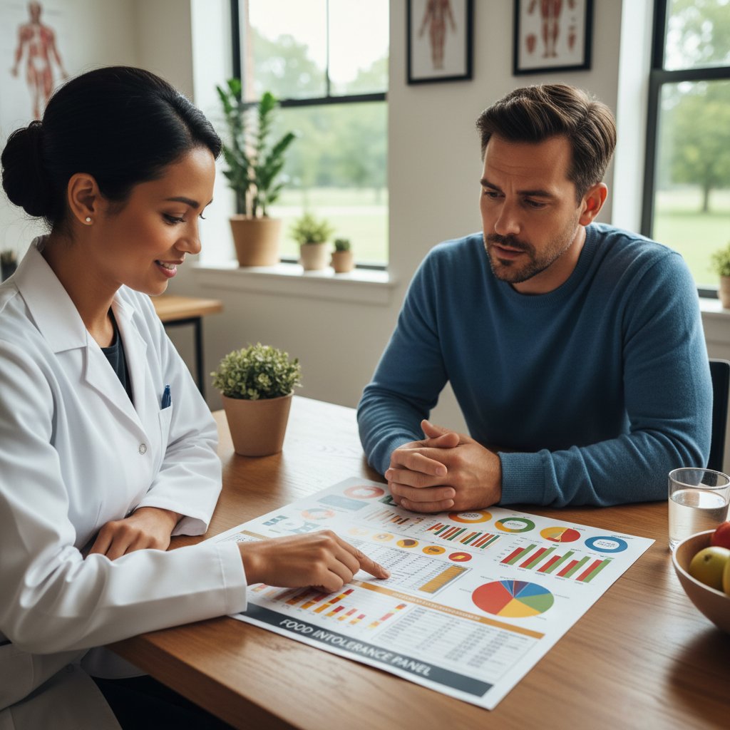 Dietetyk tłumaczący wyniki testu nietolerancji pacjentowi, wyniki w postaci kolorowego wydruku z diagramami