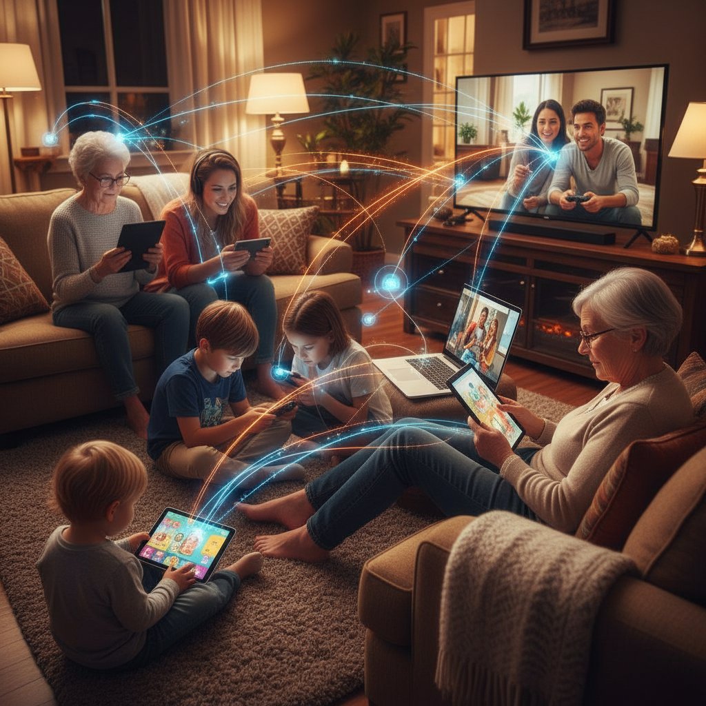 Różne osoby korzystające z anonimowego czatu, wiekowe grupy z urządzeniami połączone cyfrowymi liniami