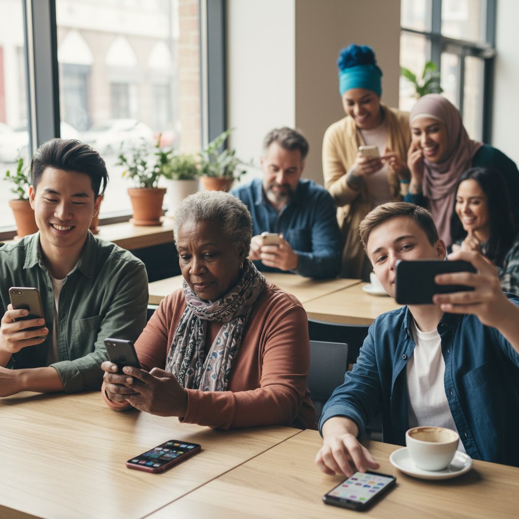Symbolfoto: Verschiedene Altersgruppen nutzen Smartphones, verdeutlicht Diversität der Nutzer*innen von Online Freundinnen ohne Anmeldung