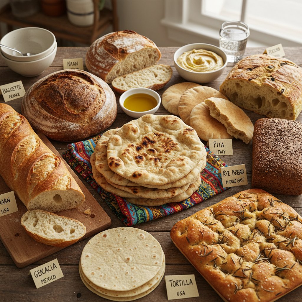 Stoły z różnymi rodzajami chleba z różnych krajów