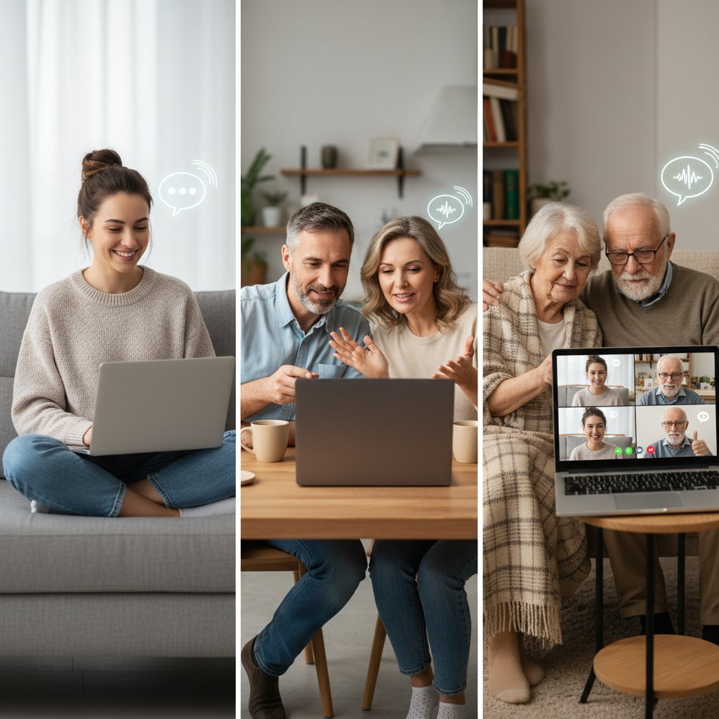 Pokolenia rozmawiające przez internet, różne grupy wiekowe przy laptopach, kontrast stylów